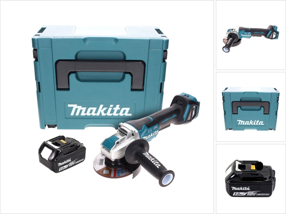Makita DGA 519 T1J Snoerloze haakse slijper 18 V 125 mm Brushless X-Lock + 1x oplaadbare accu 5.0 Ah + Makpac - zonder lader