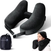 Nekkussen Opblaasbaar reiskussen ondersteunt comfortabel hoofd, nek en kin, vliegtuigkussen met zachte velours hoes, hoed, draagbaar trekkoord, 3D-oogmasker en oordopjes (zwart)