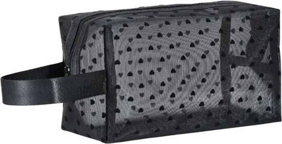 Mesh Make-up Tas Zwart Met Hartjes - Transparante Toilettas - Reistas - Tas Toilet Artikelen - Beauty case - Cosmetica tas - Make-up Organizer - Skincare Organizer - Reis Toilettas - Multifunctionele Make-up Tasje - Case Tool - Etui
