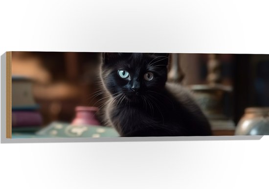 Hout - Kitten - Dier - Tafel - Boeken - Zwart - 90x30 cm - 9 mm dik - Foto op Hout (Met Ophangsysteem)