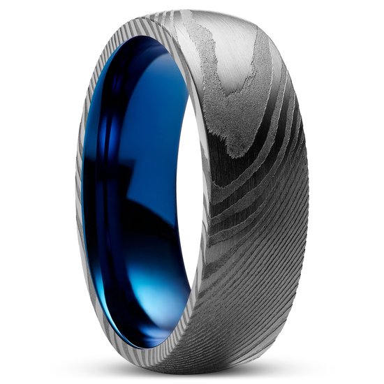 Lucleon - Fortis - Gunmetal ring voor heren van damaststaal en blauw titanium - 7