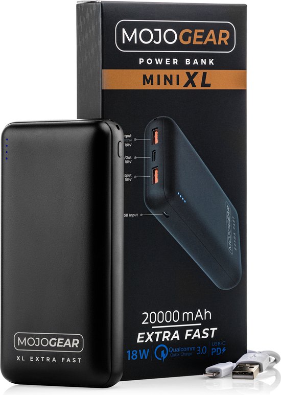 MOJOGEAR Powerbank 20000 mAh XL Extra Fast - 3 apparaten tegelijk opladen - 2x USB A / USB C / Micro USB - Snellader voor smartphones & tablets - 18 Watt - LED-indicator voor batterijstatus - Zwart - MOJOGEAR
