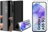 Hoesje geschikt voor Samsung Galaxy A55 - Screenprotector Glas - Spiegel Book Case Zwart