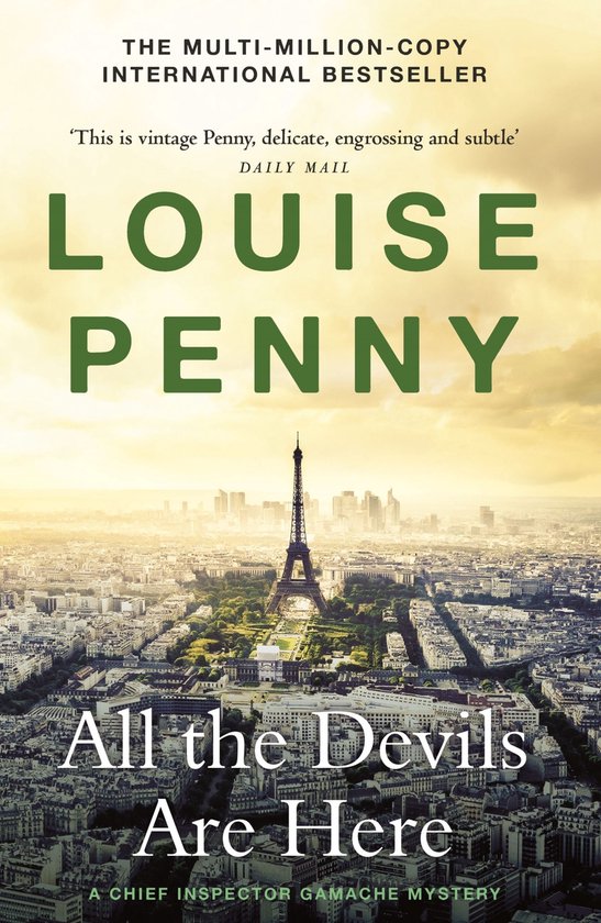 Boekomslag van 'All the Devils Are Here' van Louise Penny met de Eiffeltoren en Parijs.