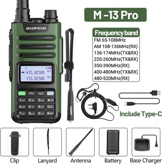 Overeem products baofeng m13 pro - walkie talkie - 10km bereik - 999 kanalen - 136-520mhz