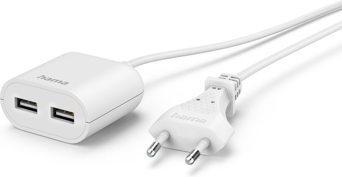 Hama USB-netadapter met 1,9 m lange kabel 2,4 A, 2x USB-A, wit