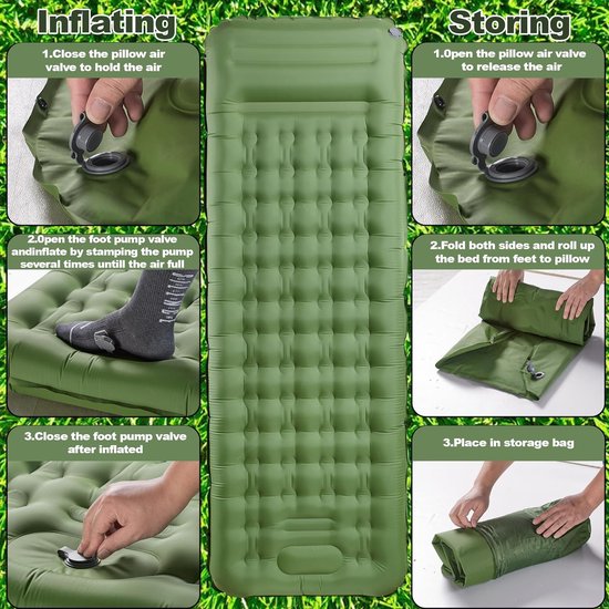 Zelfopblazende slaapmat, luchtmatras kamperen met voetperspomp en kussen, opblaasbare slaapmat voor buiten, ultralicht waterdicht voor wandelen, buiten, kamperen, reizen, 195 x 63 x 12 van Merkloos — afbeelding 3