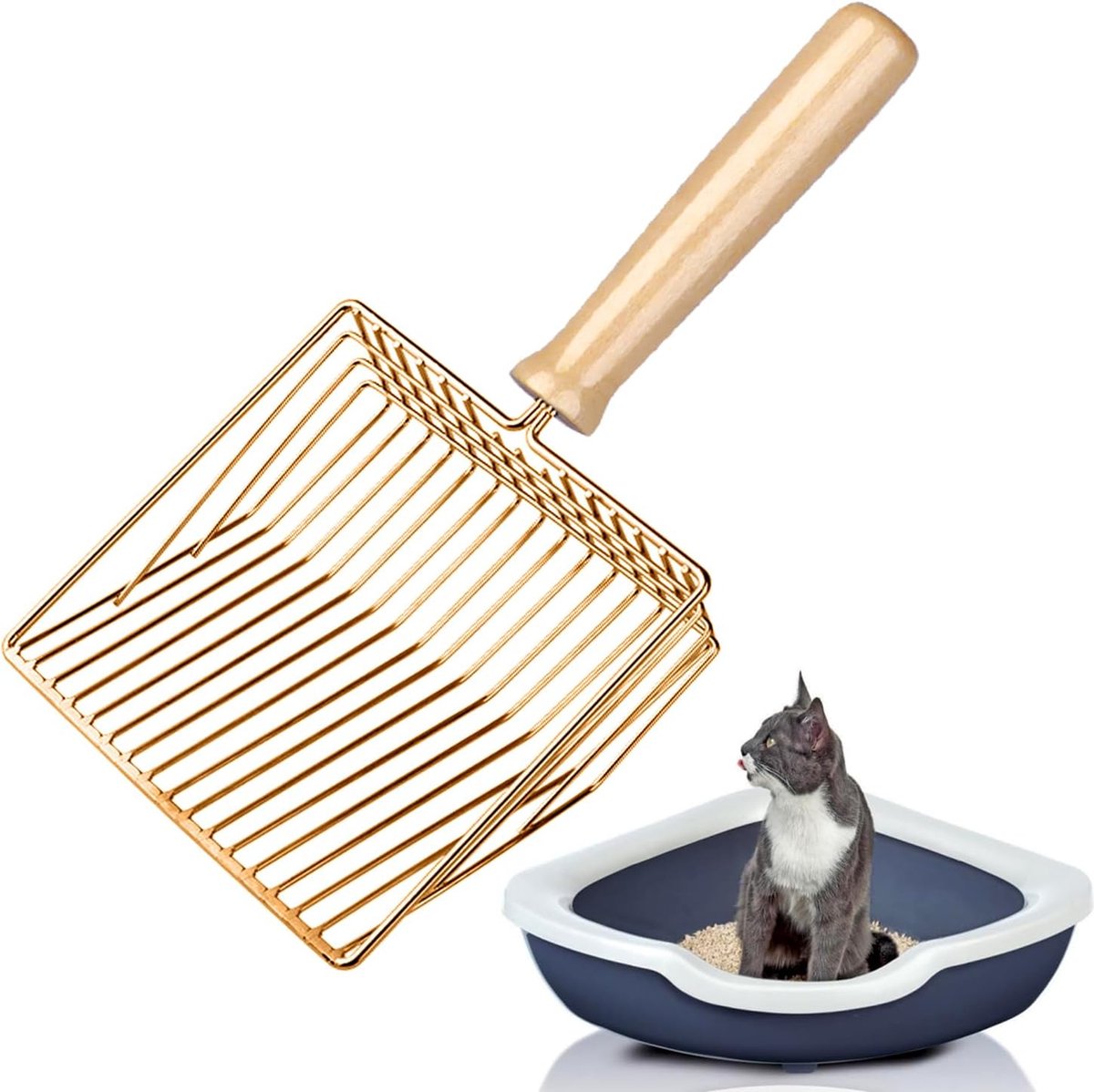 Bol.com Kattenbakschep, kattenbakschep metaal, kattenbakschep met houten handvat, gatafstand 7 mm, lengte 28 cm, liter box scoop... aanbieding