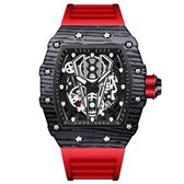 Luxe Heren Horloge - Mannen - Ruberen Polsband - Rood en Zwart - Luxe Doos - Tijdloos -