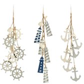 3 x décoration à suspendre maritime, décoration à suspendre, volant, ancre et phare avec coquillages, décoration à suspendre en bois (3 pièces, gris/blanc/bleu)