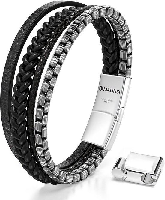 Malinsi Bracelet Homme - Cuir Zwart 4 cordons avec accents acier inoxydable - 20 cm + 2 cm d'extension - Bracelet Homme