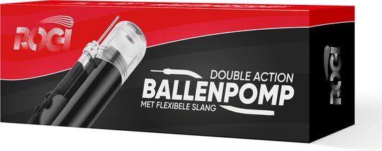 Verpakking van een Rogi dubbelwerkende balpomp met flexibele slang.