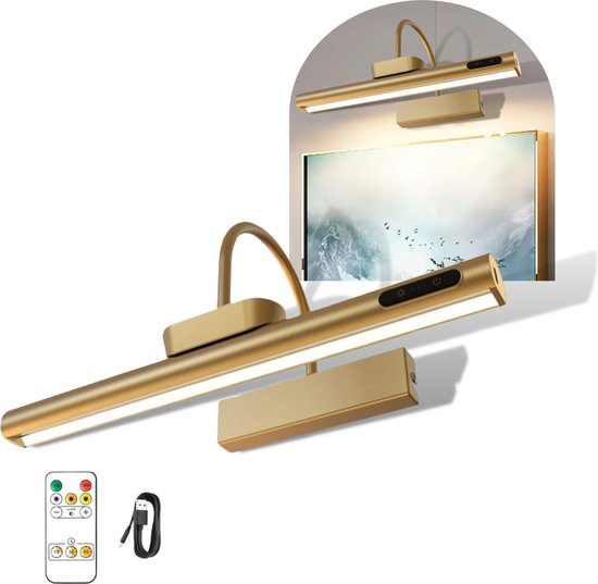 Schilderijlamp Oplaadbaar LED – Schilderijverlichting Draadloos Dimbaar – met Afstandsbediening - Spiegelverlichting – Draadloze Wandlamp - Goud