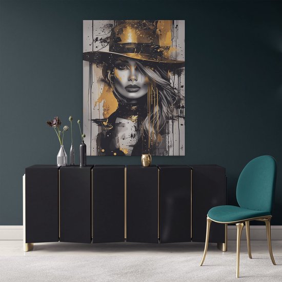 Artaza Canvas Schilderij Vrouw in een Hoed - 90x120 cm - Wanddecoratie Woonkamer - Schilderijen - Muurdecoratie