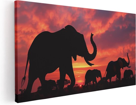 Artaza Canvas Schilderij Silhouetten van Olifanten bij Zonsondergang - Foto Op Canvas - Canvas Print