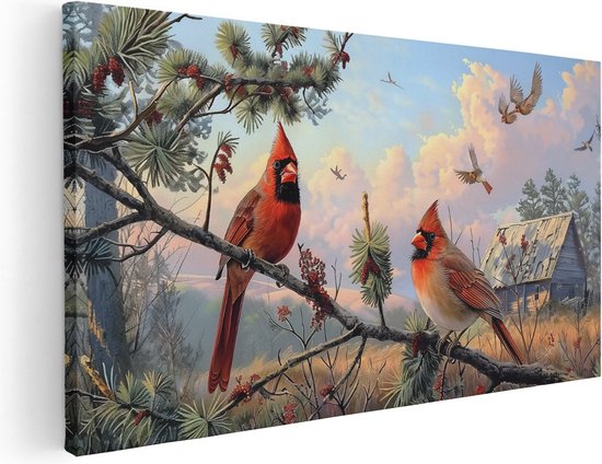 Une peinture sur toile représentant deux cardinaux, un mâle rouge et une femelle brune, perchés sur une branche de pin avec une grange abandonnée et des oiseaux en vol à l'arrière-plan.