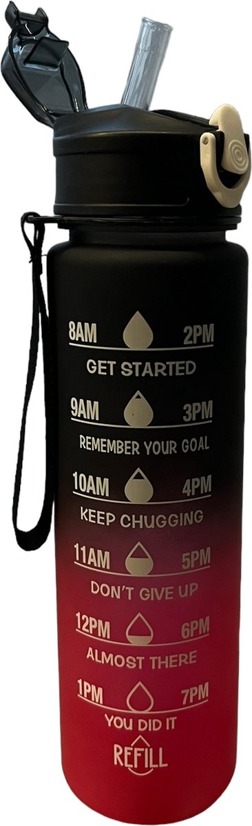 Motivatie waterfles met tijdmarkering - Sport waterfles - Drinkfles met rietje - Tritan waterflessen - Lekvrije sportfles - 800MLiter waterfles - Motivatie waterfles - Motiverende drinkfles - drinkflessen - BPA vrij - Cadeau |rood/zwart — afbeelding 4
