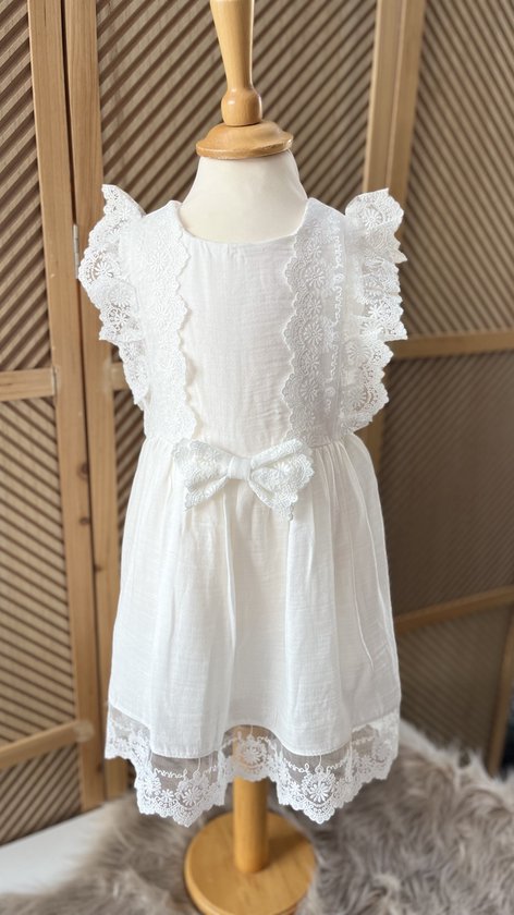 zomer jurk met borduursel-linnen jurk zonder mouwen-bruiloft-foto-verjaardag-doopsel-geborduurde bloemen-crème-witte kleur-katoen- 1 tem 2 jaar