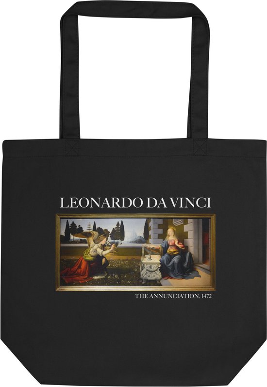 Leonardo da Vinci 'De annunciatie' ("The Annunciation") Beroemde Schilderij Tote Bag | 100% Katoenen Tas | Kunst Tote Bag | Zwart