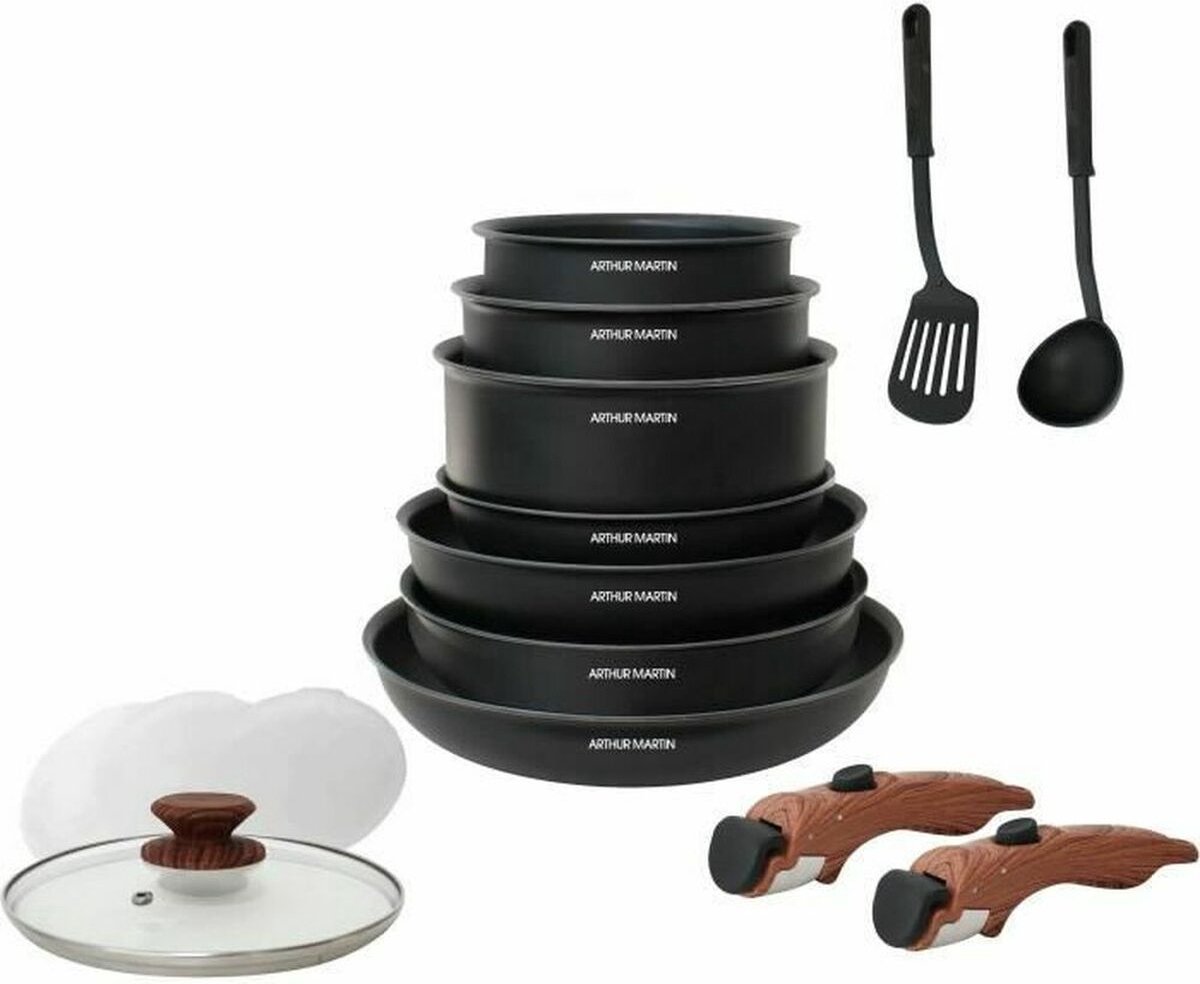 Arthur Martin AM1502 15-delige pannenset - afneembare handgreep met houteffect - alle warmtebronnen inclusief inductie