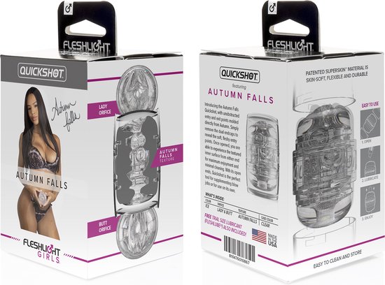 Verpakking met model en Quickshot 'Autumn Falls' masturbator. Beschrijvingen in Engels.