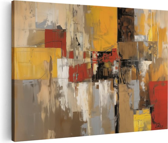 Abstract schilderij met gele, rode en bruine kleurvlakken op een witte achtergrond.