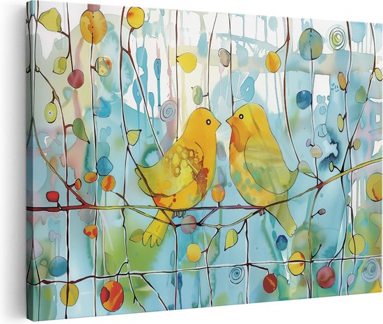 Artaza Canvas Schilderij Twee Gele Vogels Zittend op een Tak - Foto Op Canvas - Canvas Print