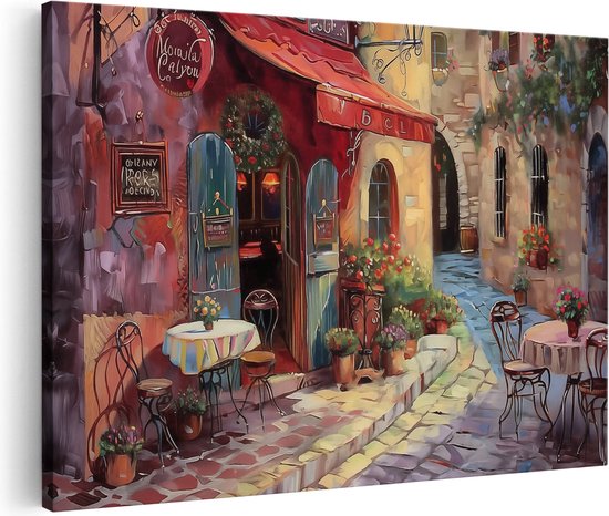 Artaza Canvas Schilderij Kunstwerk van een Café met Tafels en Stoelen - 120x80 - Groot - Foto Op Canvas - Canvas Print