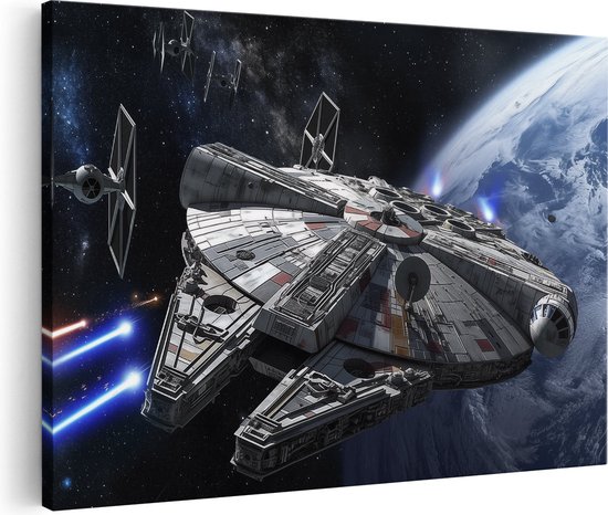 Artaza Canvas Schilderij Afbeelding van een Star Wars Millenniumvalk die over de Aarde Vliegt - 90x60 - Wanddecoratie - Foto Op Canvas - Canvas Print