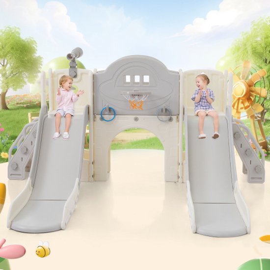 Toboggan 8-en-1 Pour Enfants – Escalade, Panier De Basket, Rangement Et Plus – Aire De Jeux XXL 200x165x95 Cm