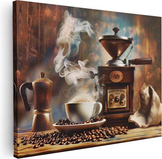 Artaza Canvas Schilderij Koffiemolen en een Kopje Koffie op een Tafel - 120x90 - Wanddecoratie - Foto Op Canvas - Canvas Print
