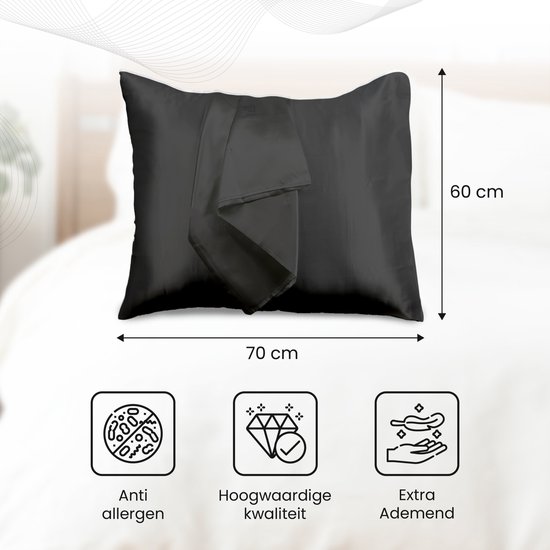 Een zwart satijnen kussensloop van 70x60 cm. Iconen voor anti-allergeen, hoge kwaliteit en ademend.