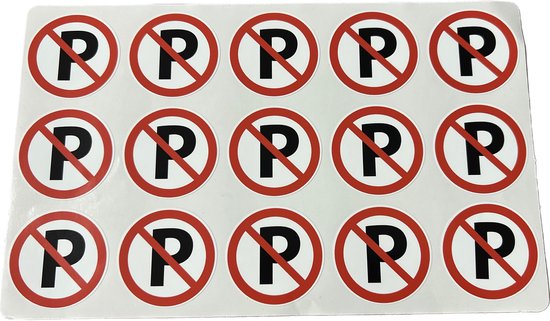 Veertien ronde "niet parkeren" stickers met rode rand, op een wit vel.