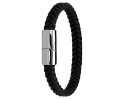 foto van Lucardi Kinder Zwart leren armband met stalen sluiting - Armband - Leer - Zwart - 17 cm