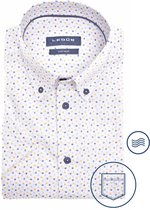 Ledub modern fit overhemd - korte mouw - wit met lichtgeel en blauw dessin - Strijkvriendelijk - Boordmaat: 40