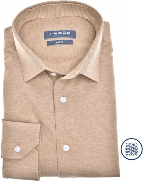 Ledub modern fit overhemd - lichtbruin tricot - Strijkvriendelijk - Boordmaat: