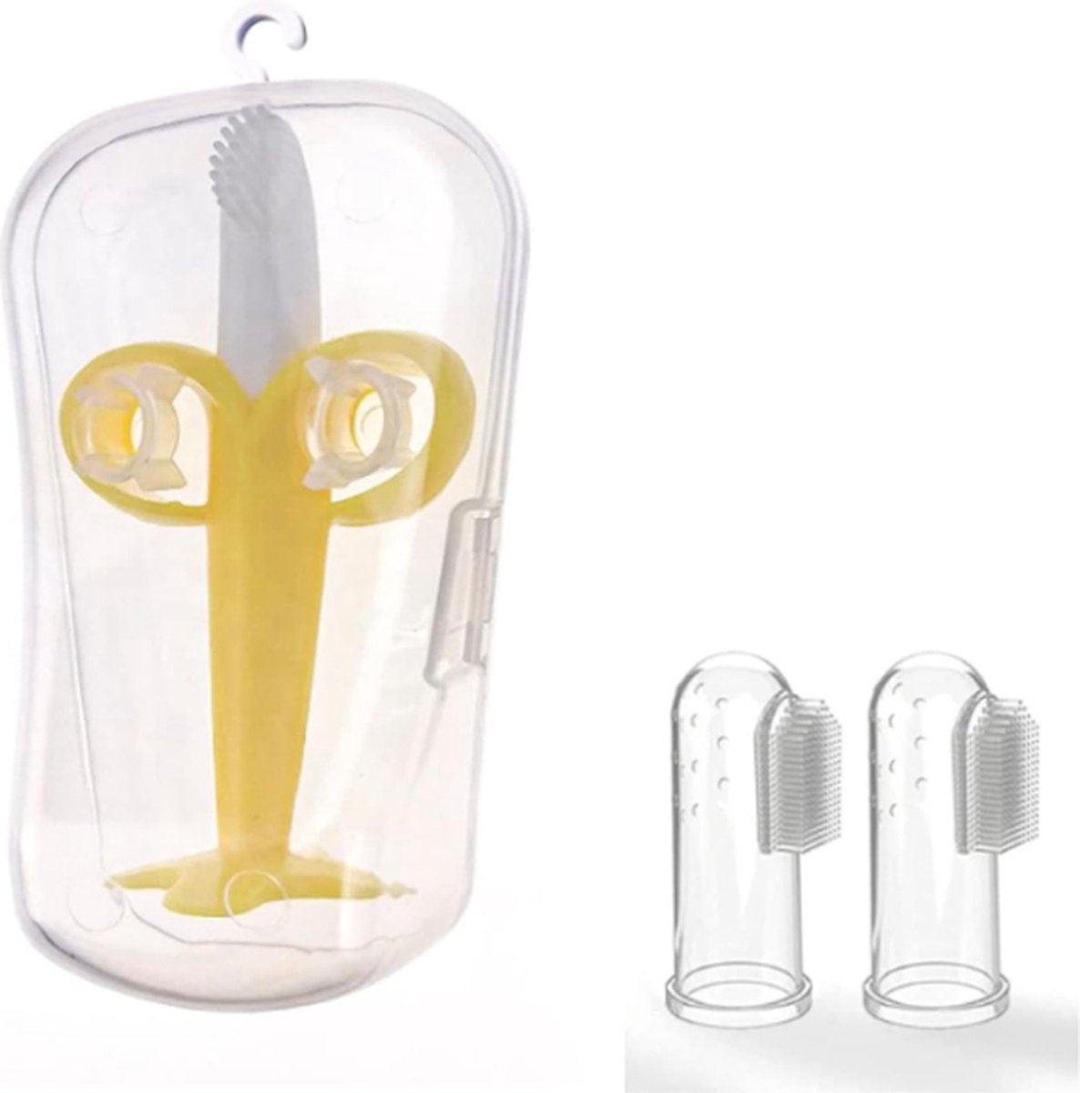 Goedkoopste Sanitral Complete baby-banaan-tandenborstelset, 2-delige siliconen vingertandenborstel, peutertraining-vingertandenborstels met opbergdoos voor baby's (0-24 maanden