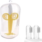 Sanitral Complete baby-banaan-tandenborstelset, 2-delige siliconen vingertandenborstel, peutertraining-vingertandenborstels met opbergdoos voor baby's (0-24 maanden)
