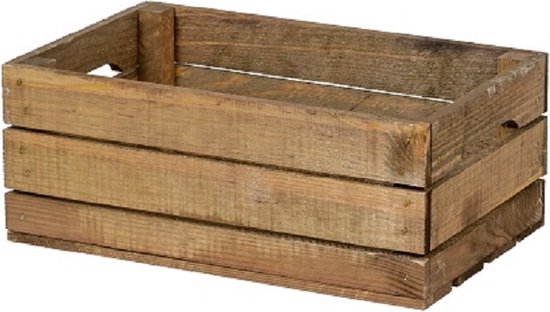 Een bruin houten krat met drie horizontale latten aan de zijkanten, op een witte achtergrond.