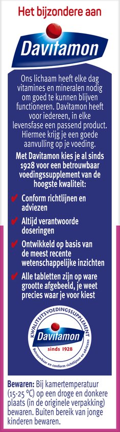 Davitamon: al sinds 1928 een betrouwbaar voedingssupplement van de hoogste kwaliteit. Conform richtlijnen, verantwoorde doseringen, ontwikkeld op basis van recente inzichten.