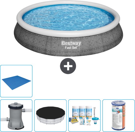 Bestway Rond Opblaasbaar Fast Set Zwembad - Rotanprint - 396 x 84 cm - Inclusief Pomp Afdekzeil - Onderhoudspakket - Filter - Grondzeil