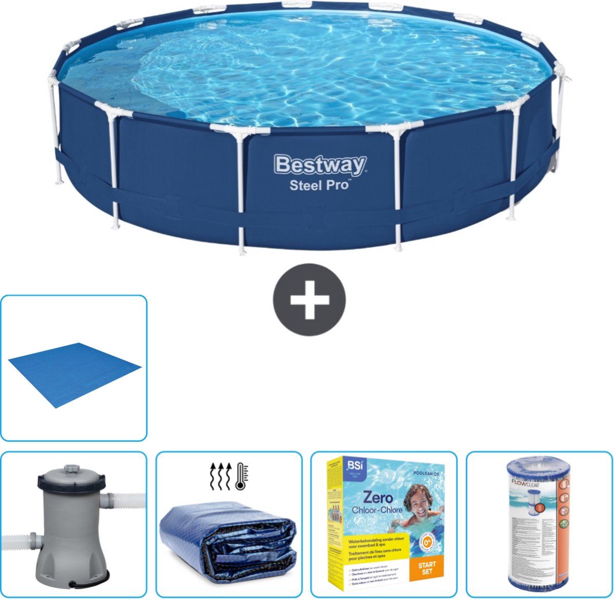 Bestway Rond Steel Pro Zwembad - 396 x 84 cm - Blauw - Inclusief Pomp Solarzeil - Onderhoudspakket - Filter - Grondzeil