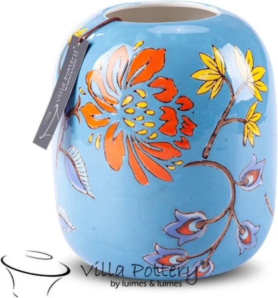 Vaas - Villa Pottery - Porselein - Decoratie - Woondecoratie - Waterdicht - Moederdag - Happy Flowers 1 Blue