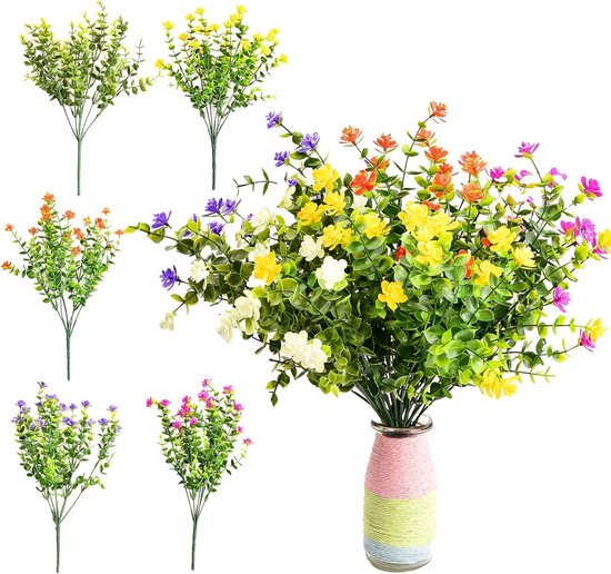 5 bundels kunstbloemen, uv-bestendige planten, plastic boeket voor binnen en buiten, meerkleurige kunstbloemen voor bruiloft, plantenbak, tuin, kantoor, veranda-decoratie