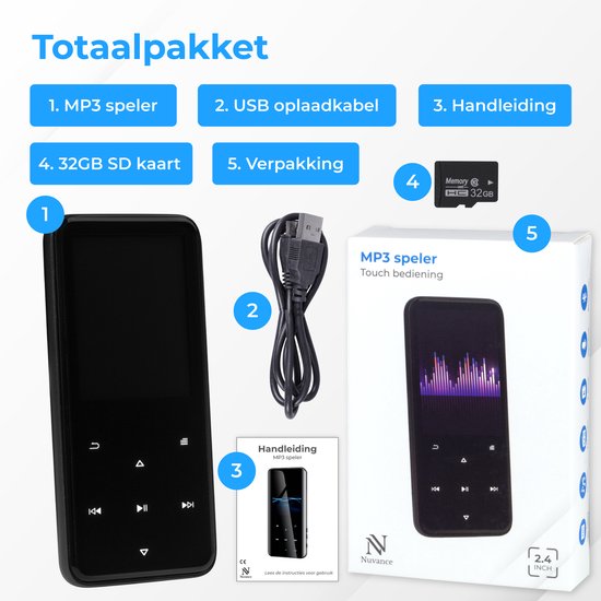 Nuvance - MP3 Speler Bluetooth - Incl. 32GB SD Kaart En 16GB Intern Geheugen Ondersteuning Tot 128