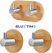 BlueTime Zelfklevende Haakjes - Bamboe - Ophanghaken - Zelfklevend - Handdoekhaakjes - Badkamer - Set Van 3 - Bamboo – Staal