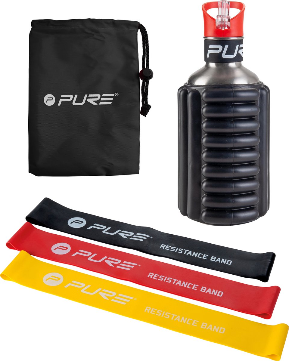 Goedkoopste Pure2Improve Yoga Sportfles met 3 Weerstandsbanden - Shakebeker - Resistance Band - Fitness Elastiek - Weerstandsbanden Set - Zwart