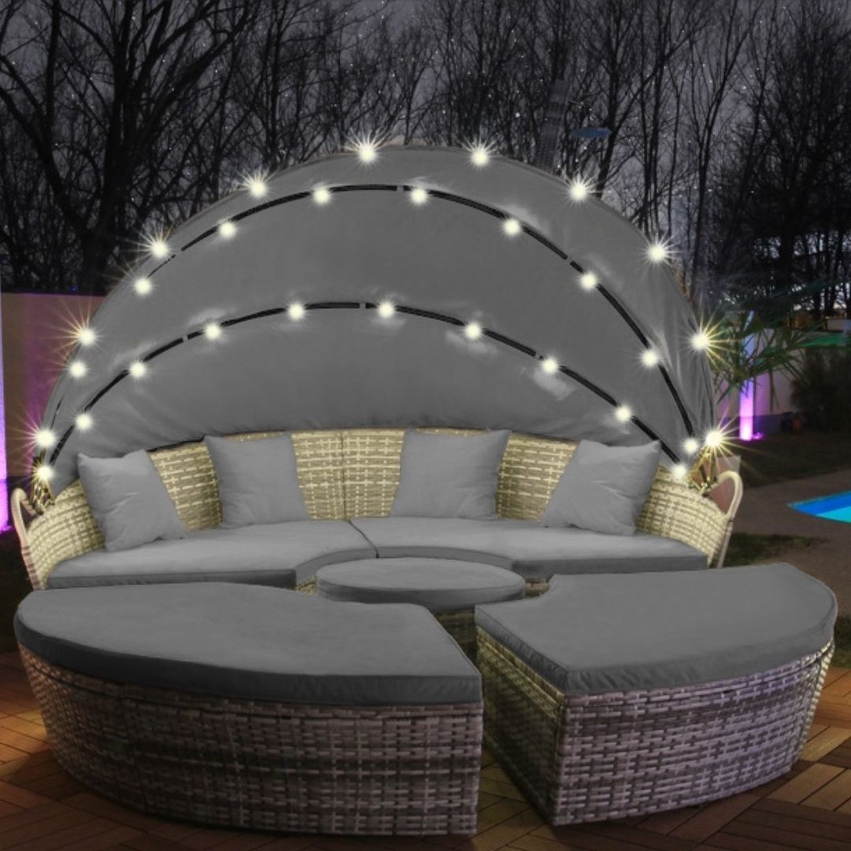 Elfida - Polyrattan Lounge eiland - 180cm - Met Solar LED verlichting - Inclusief kussens - UV bestendig - Grijs