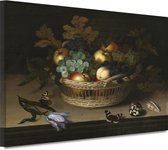 Stilleven met fruitmand - Balthasar van der Ast schilderijen - Fruit schilderij - Canvas schilderij Voedsel - Wanddecoratie industrieel - Canvas keuken - Wanddecoratie woonkamer 70x50 cm