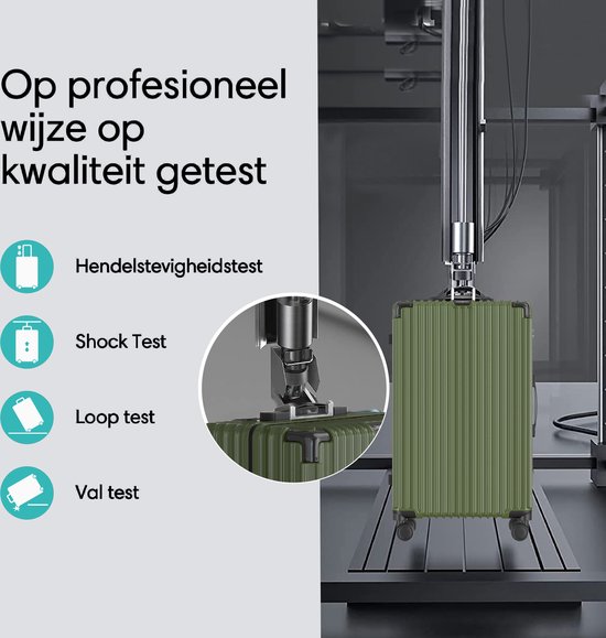 Olijfgroene koffer wordt getest in een machine, met pictogrammen voor "hendelstevigheidstest", "Shock Test", "Loop test" en "Val test".